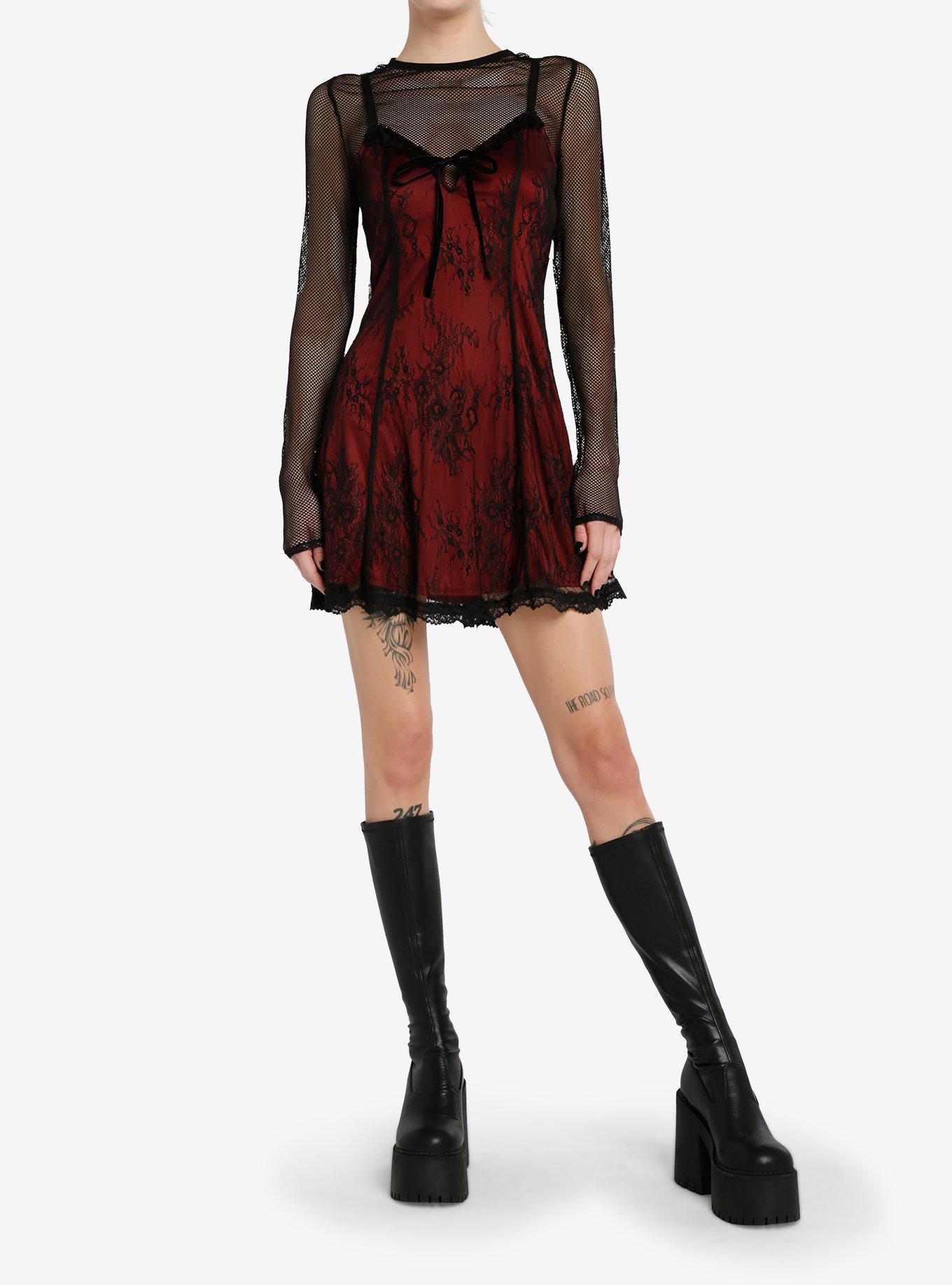 Social Collision Black & Red Lace Twofer Long-Sleeve Dress, , hi-res