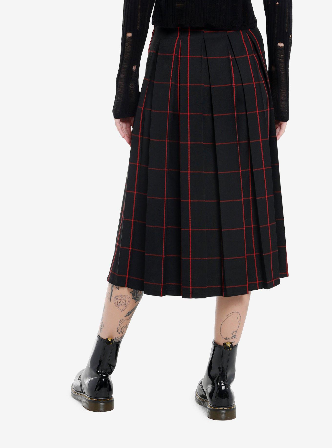 Social Collision Black & Red Windowpane Plaid Pleated Midi Skirt, , hi-res