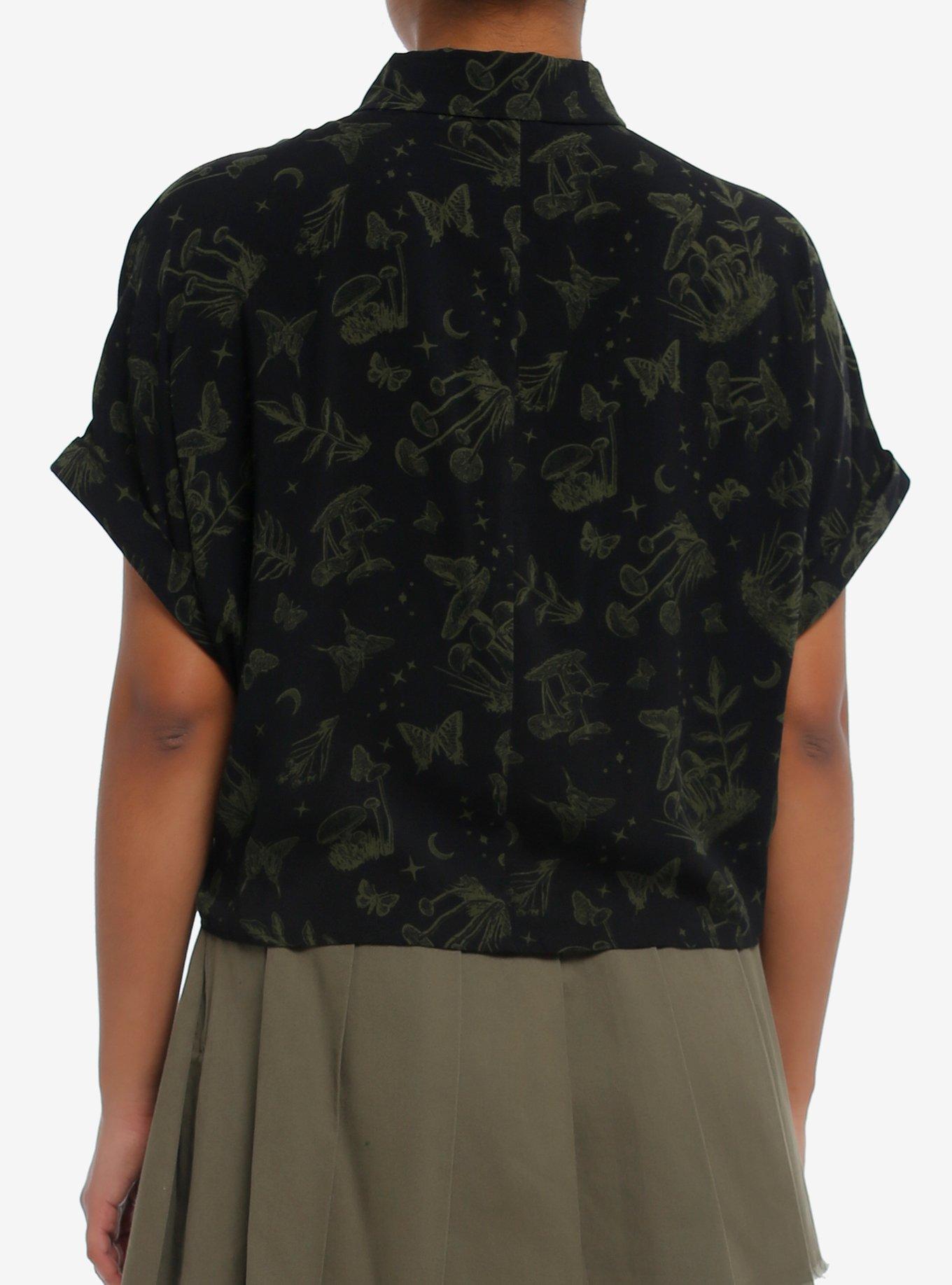 Cosmic Aura Black & Green Mushroom Girls Crop Woven Button-Up, GREEN, alternate