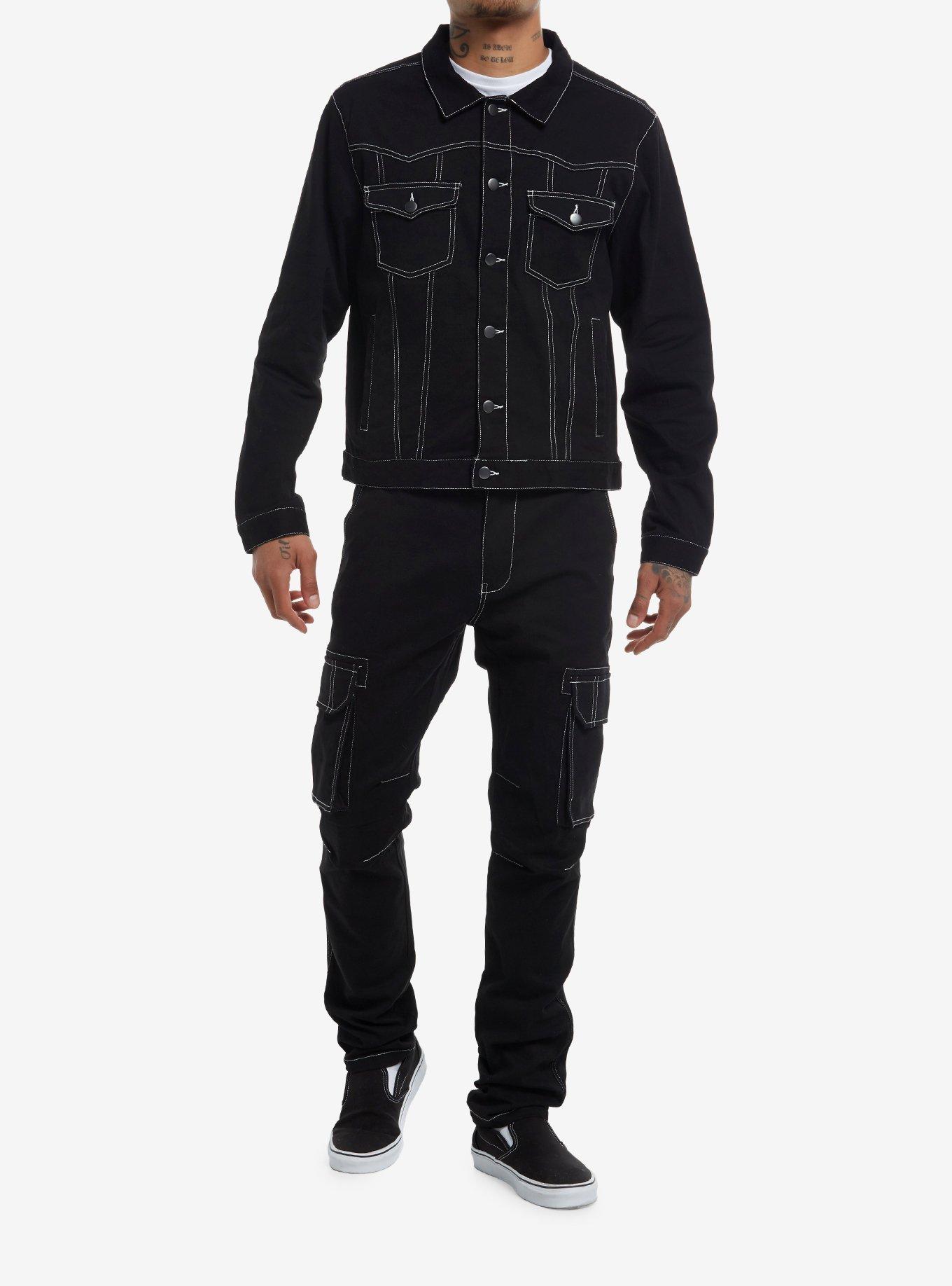 Black & White Contrast Stitch Denim Jacket, , hi-res