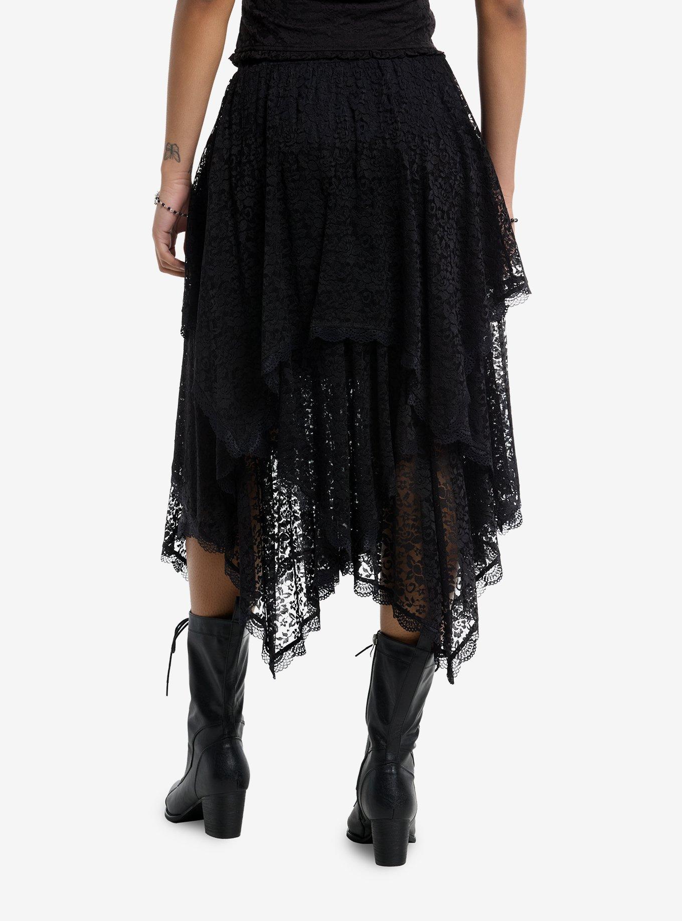 Cosmic Aura Black Lace Tiered Hanky Hem Midi Skirt, , hi-res