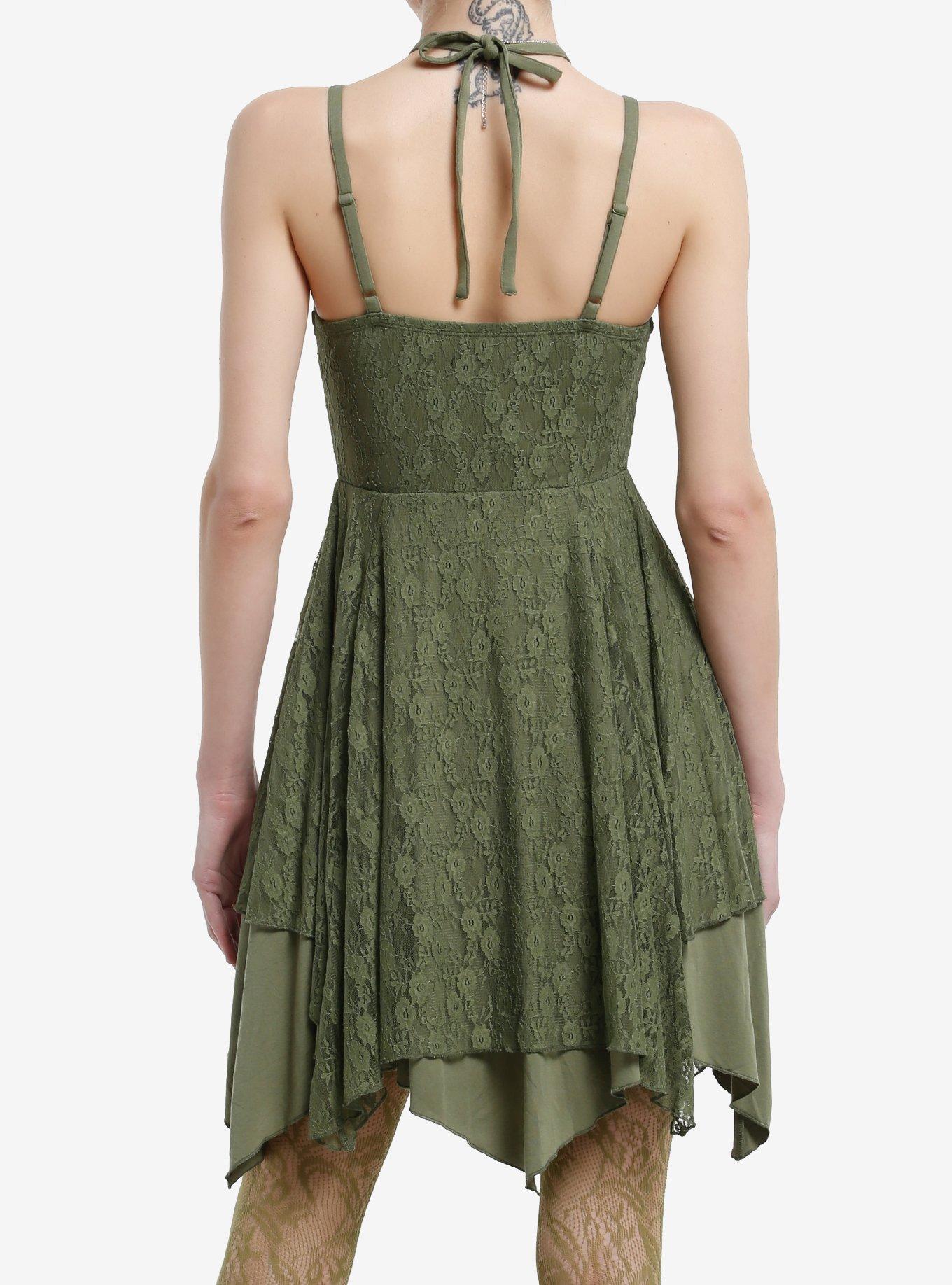 Thorn & Fable Green Lace Hanky Hem Halter Dress, GREEN, alternate