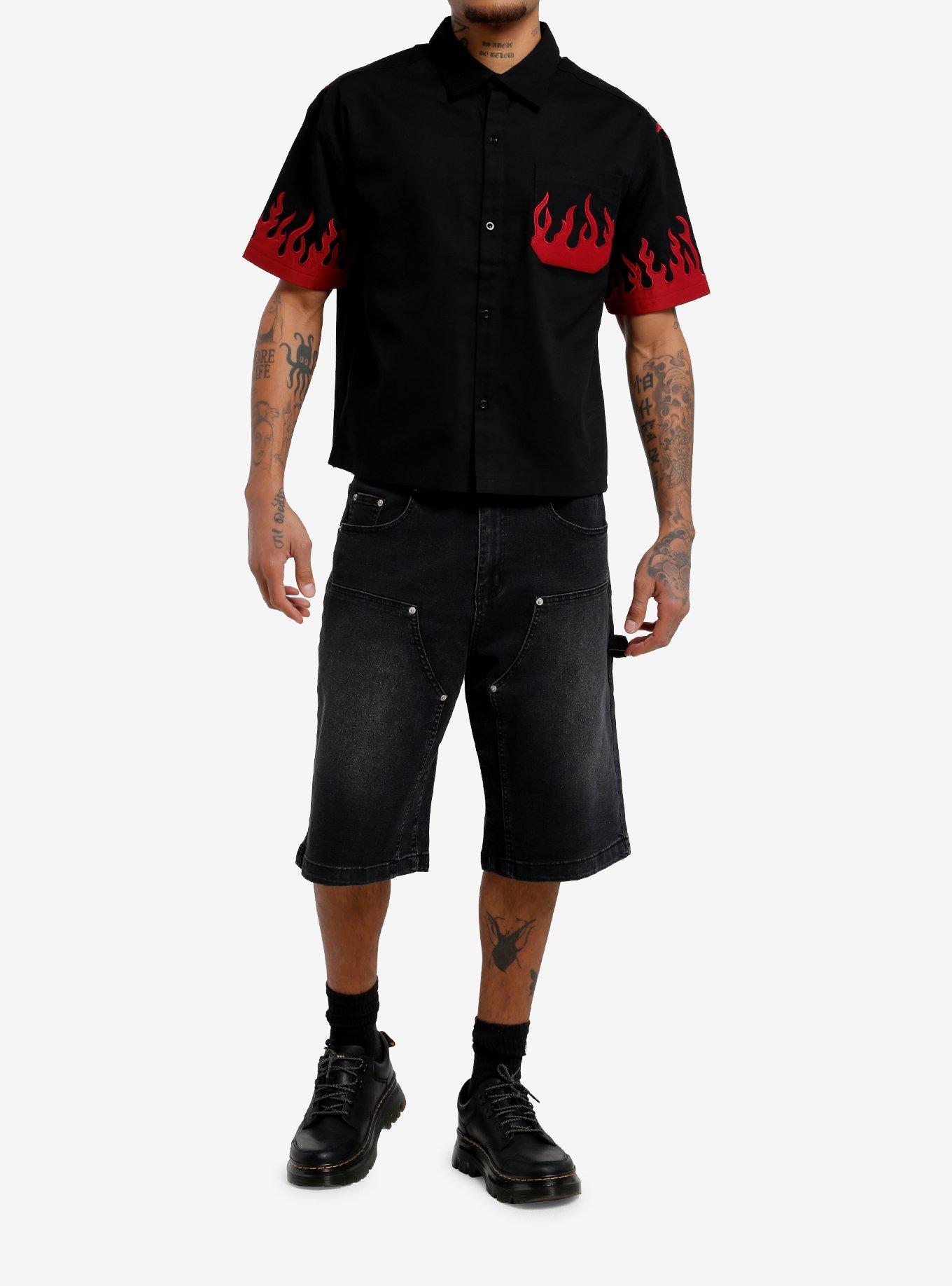 Black & Red Flames Embroidered Woven Button-Up, , hi-res