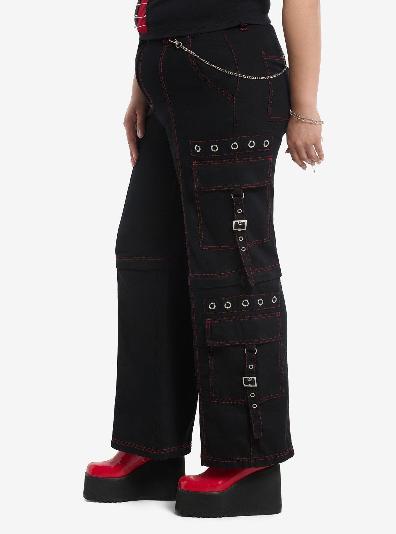 Black & Red Contrast Stitch Grommet Strap Zip-Off Carpenter Pants Plus Size, RED, alternate