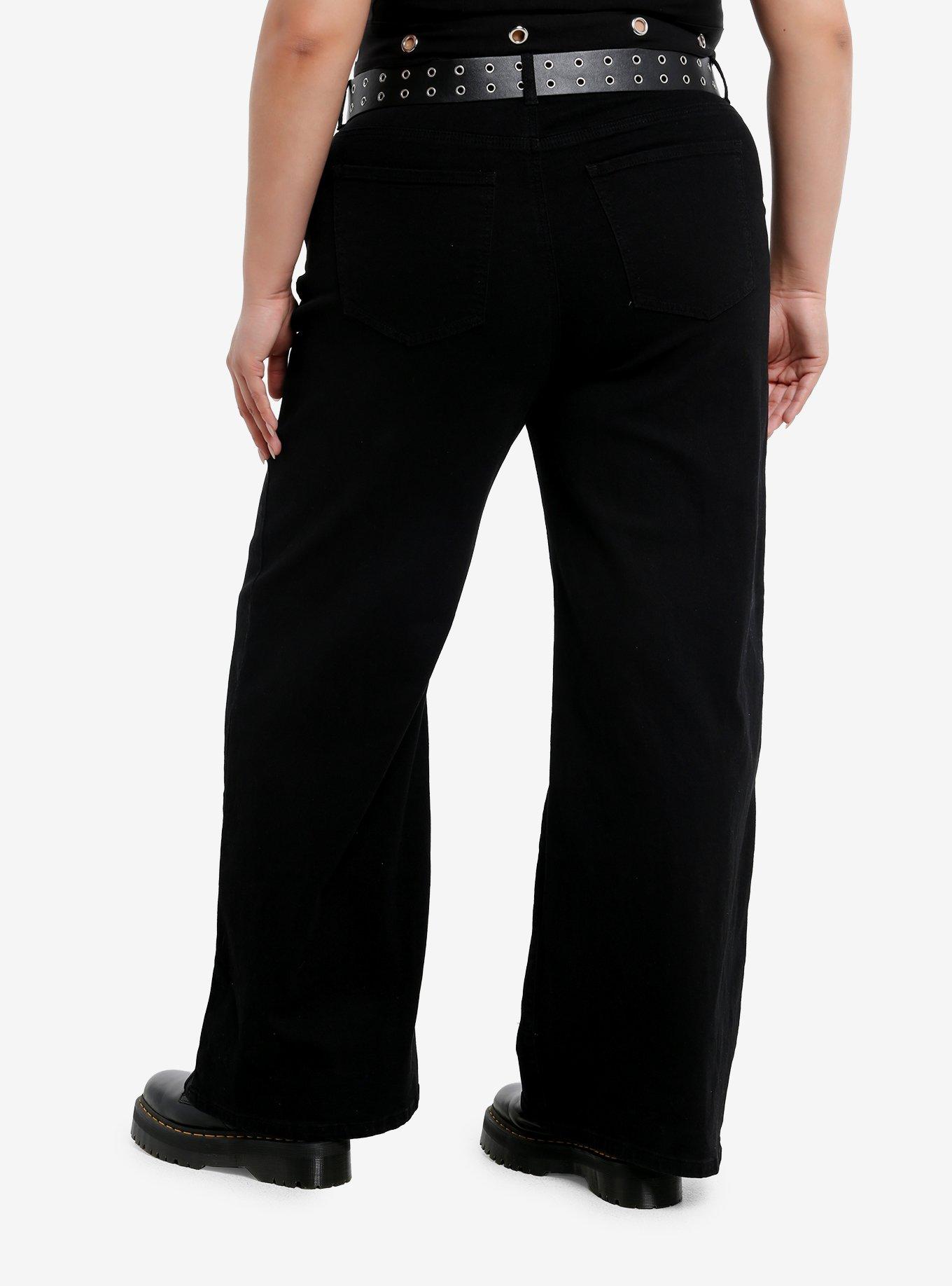 Black Skeleton Outline Grommet Belt Wide Leg Pants Plus Size, , hi-res