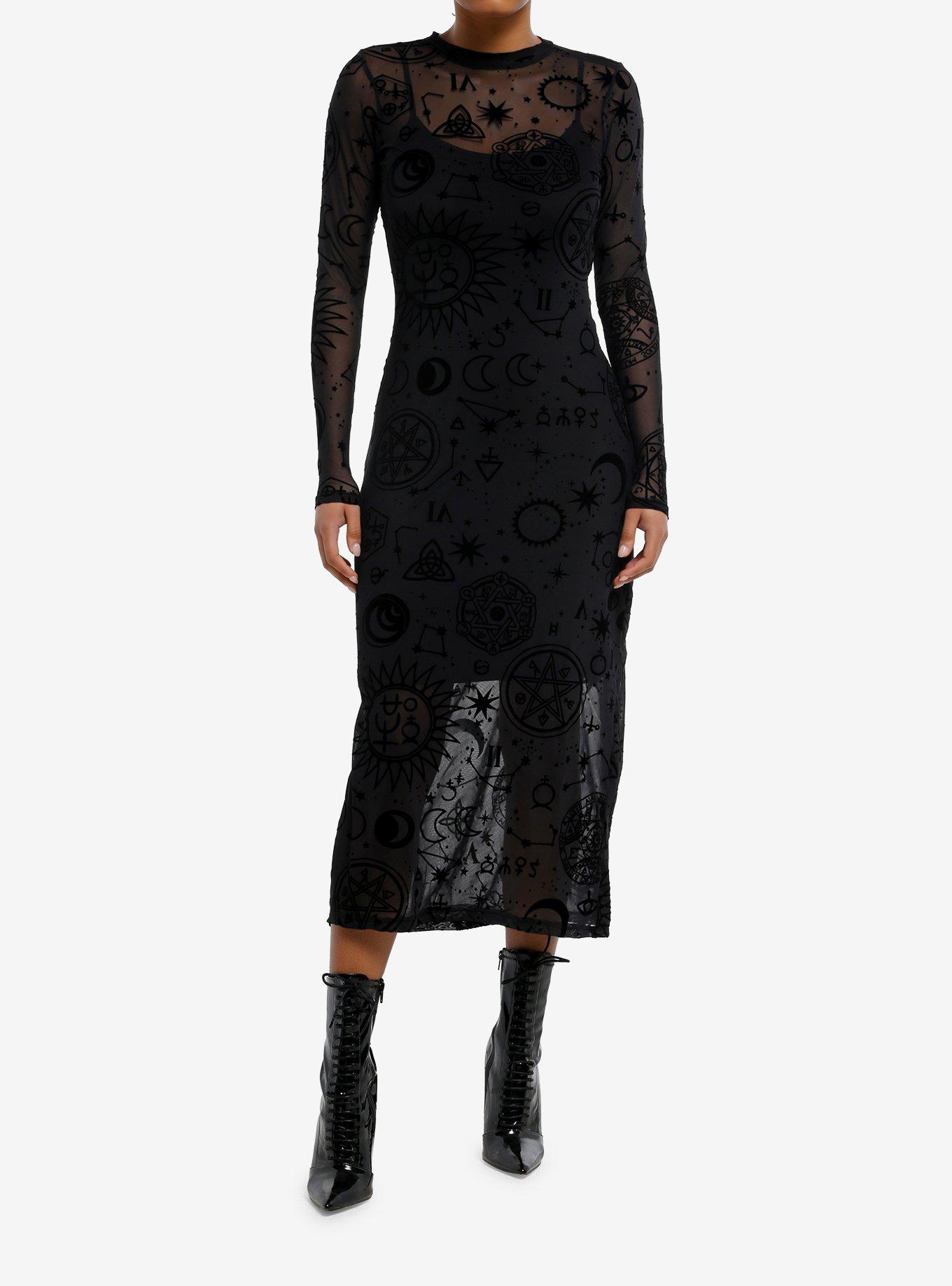 Cosmic Aura Black Celestial Flocked Mesh Maxi Dress, , hi-res