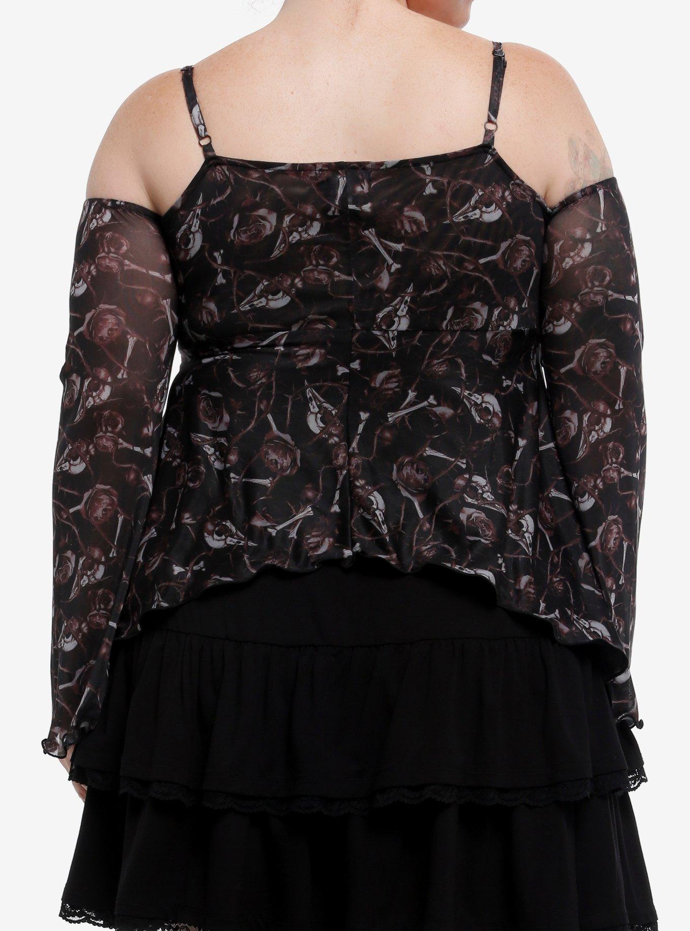 Cosmic Aura Bird Skull & Thorns Cold-Shoulder Top Plus Size, RED, alternate