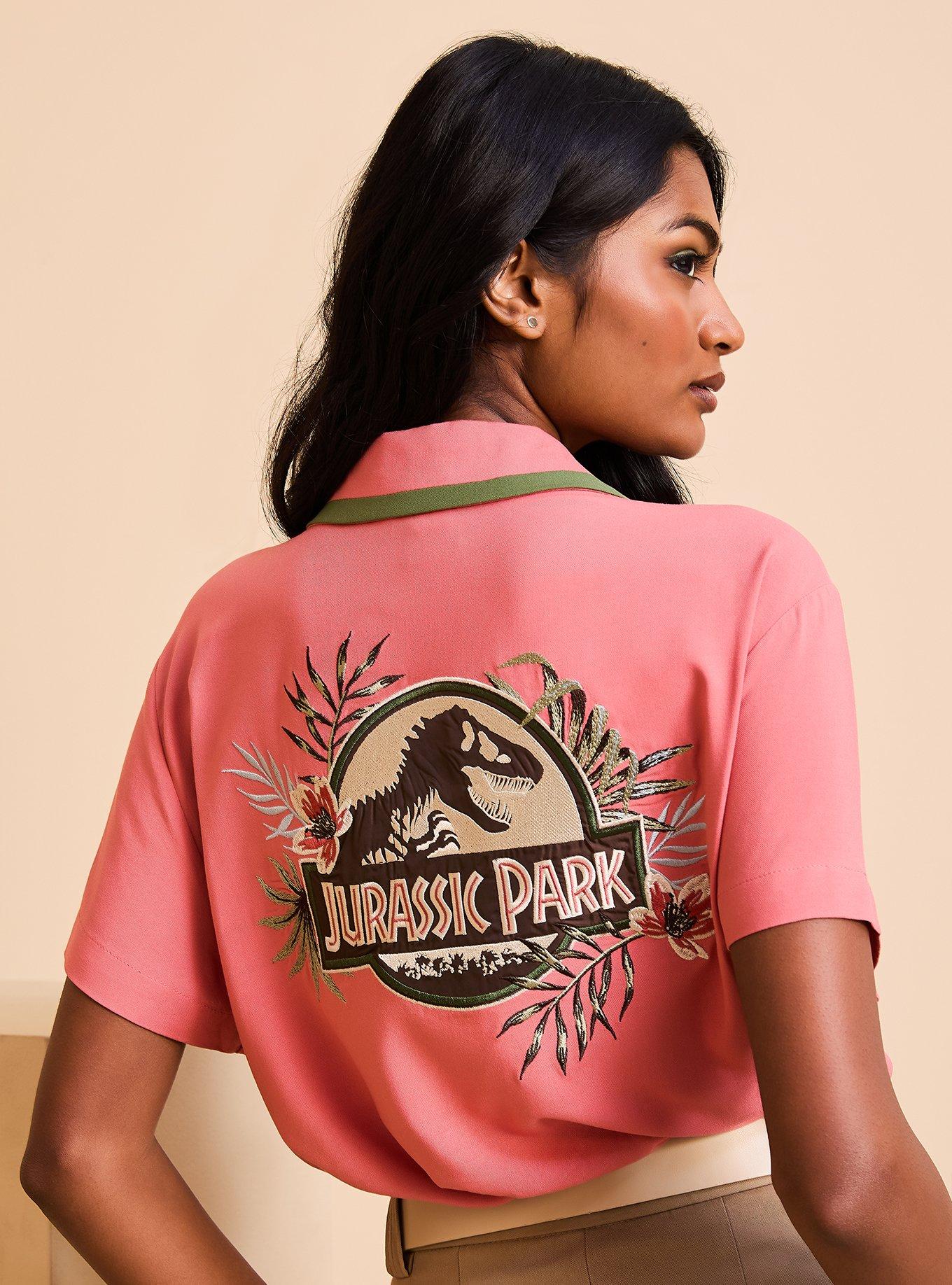 Jurassic Park Floral Logo Women's Slightly Cropped Woven Button-Up - BoxLunch Exclusive, , hi-res