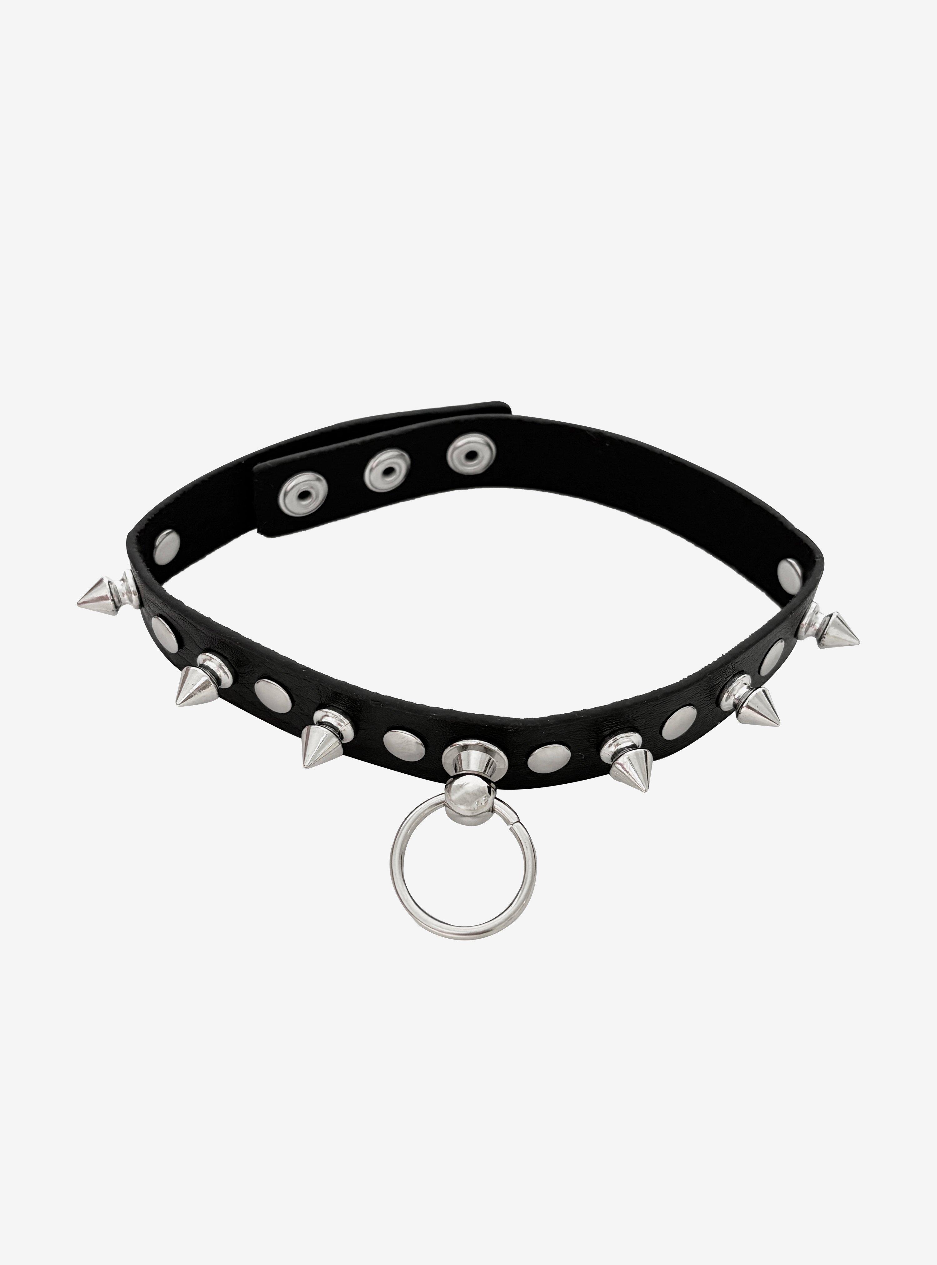 Black Spike O-Ring Faux Leather Choker, , hi-res