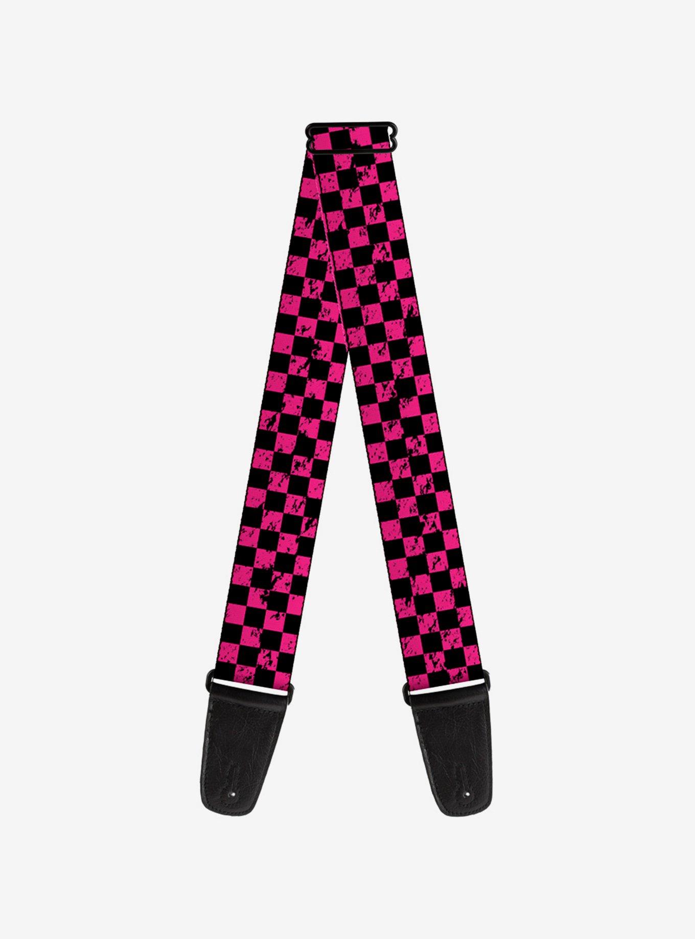 Distressed Checker Print Guitar Strap Neon Pink, , hi-res
