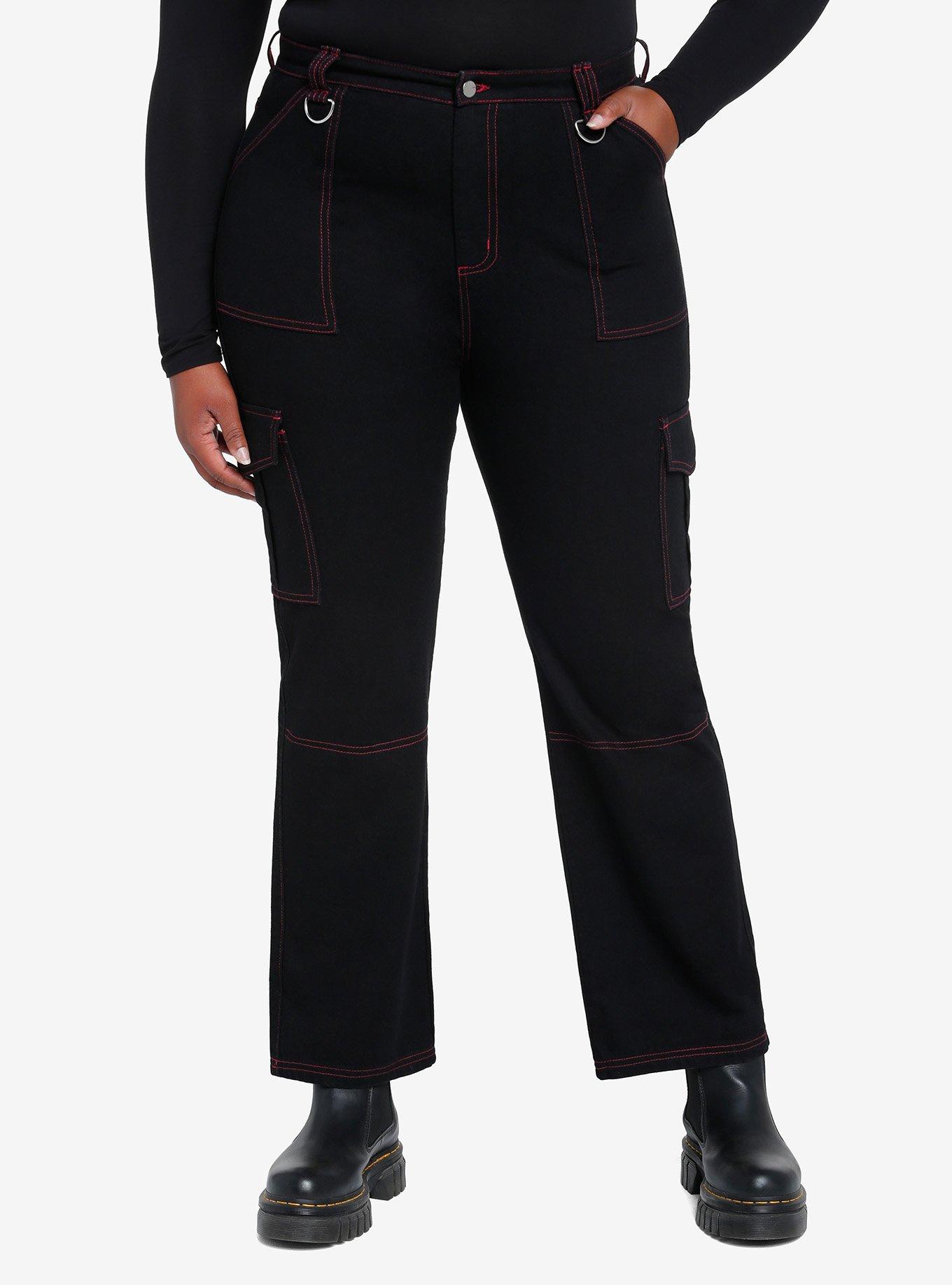 Black & Pink Contrast Stitch Carpenter Pants Plus Size, , hi-res