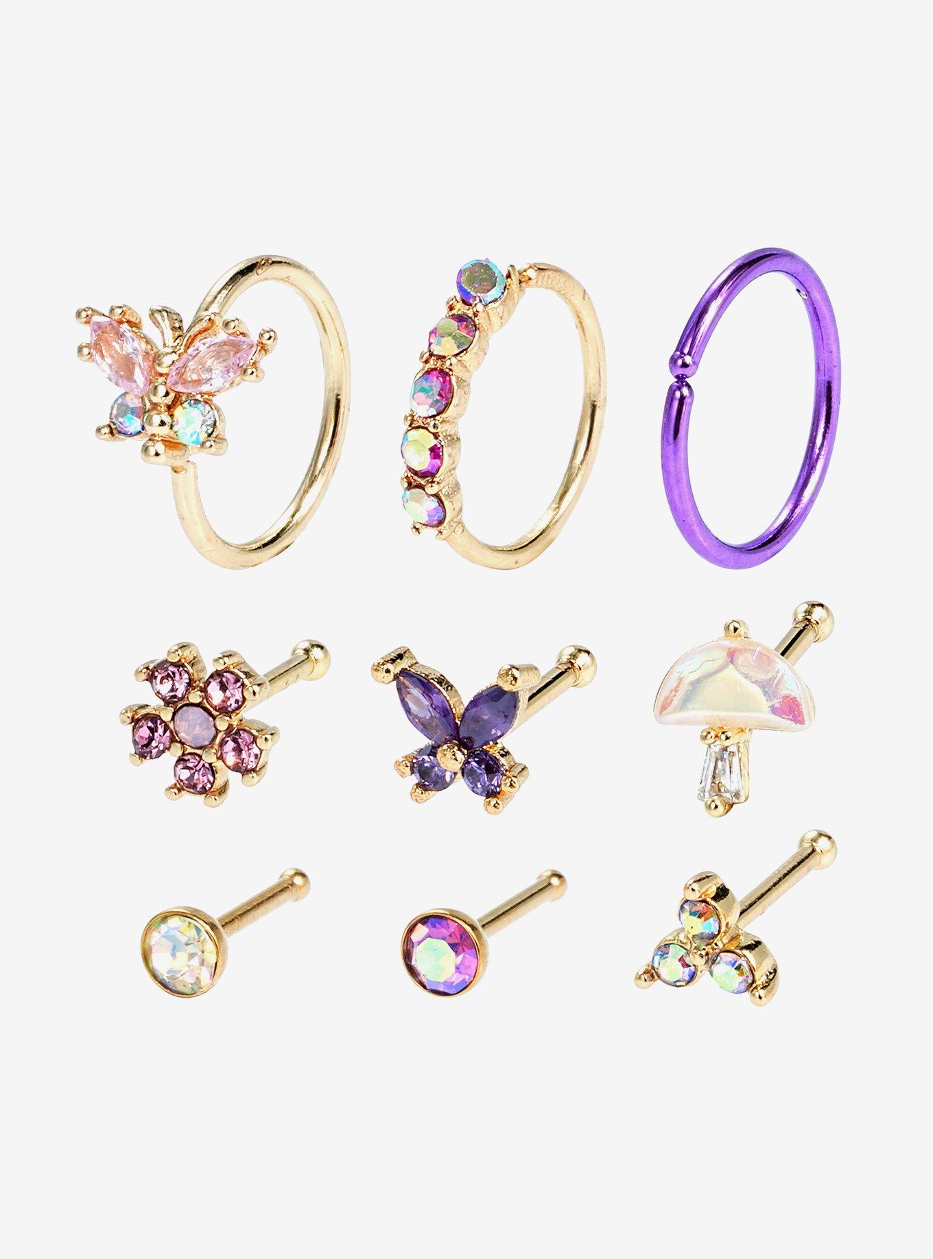 Steel Mix Gem Butterfly Nose Stud & Hoop 9 Pack, , hi-res