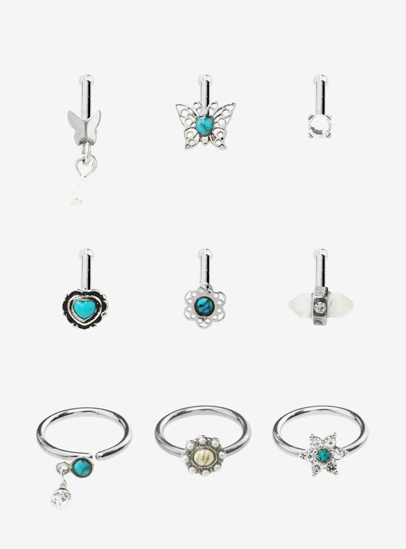 Steel Turquoise Butterfly Nose Stud & Hoop 9 Pack, , hi-res