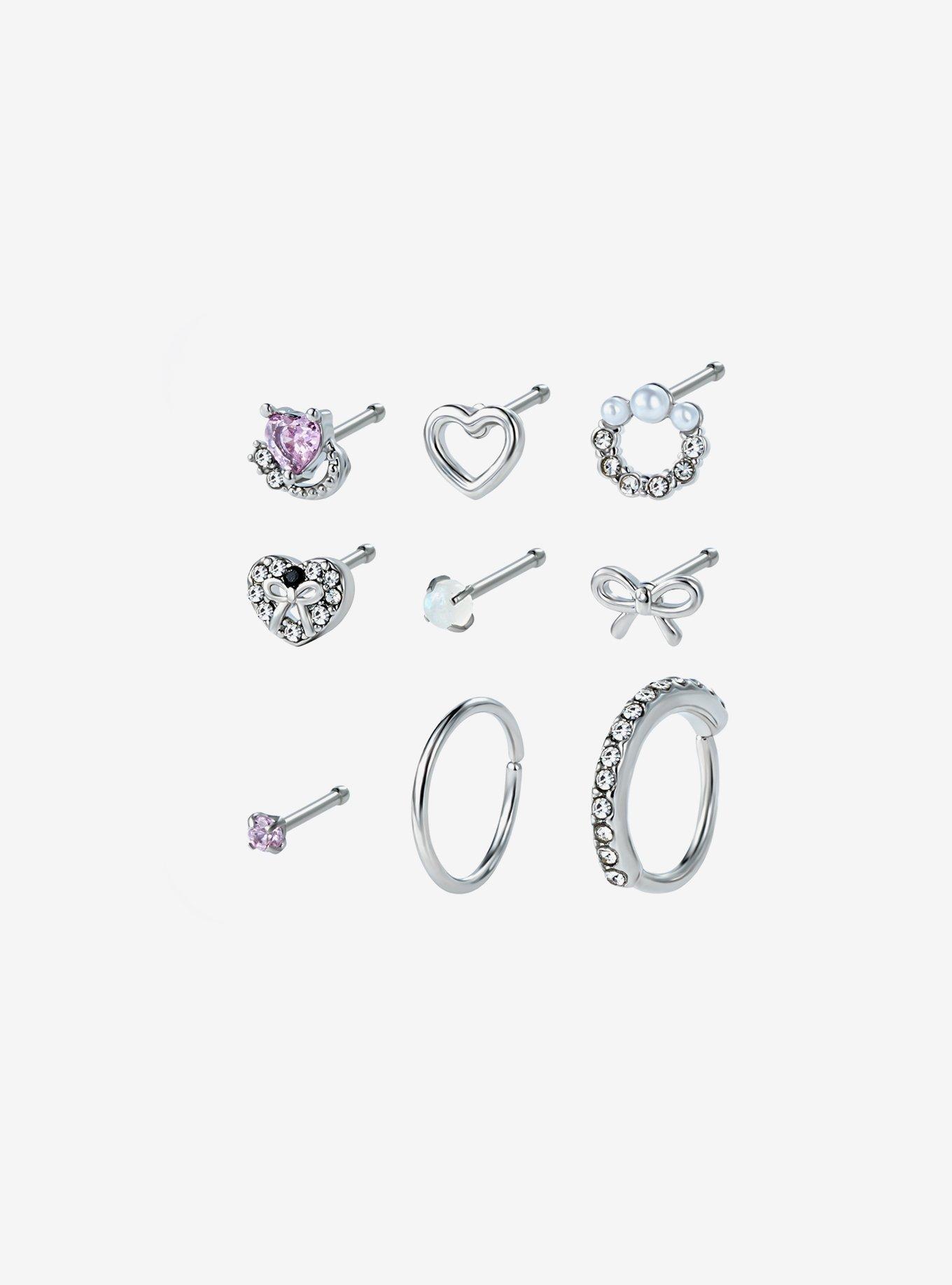 Steel Heart Bling Nose Stud & Hoop 9 Pack, , hi-res