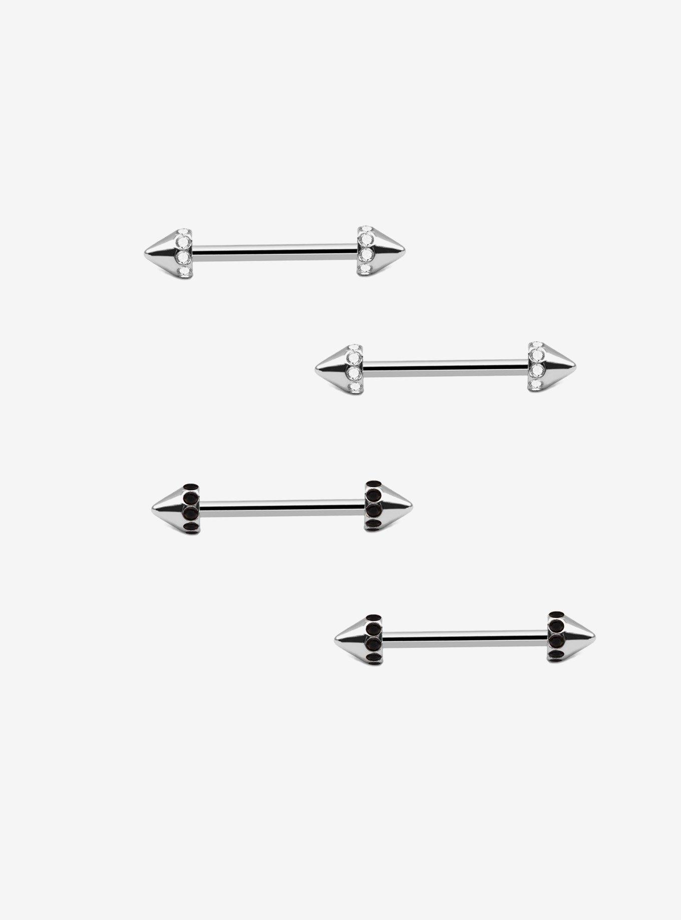 14G Steel Silver Jeweled Spiked Nipple Barbell 4 Pack, , hi-res
