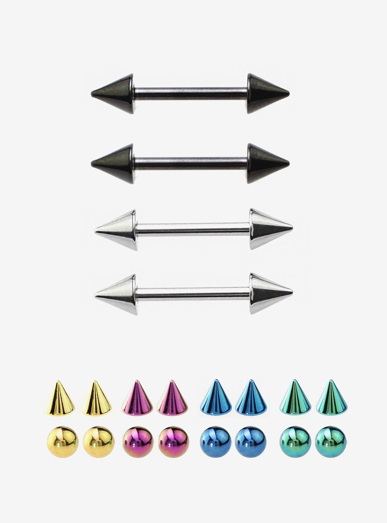 14G Steel Silver & Black Spike Nipple Barbell 4 Pack, , hi-res