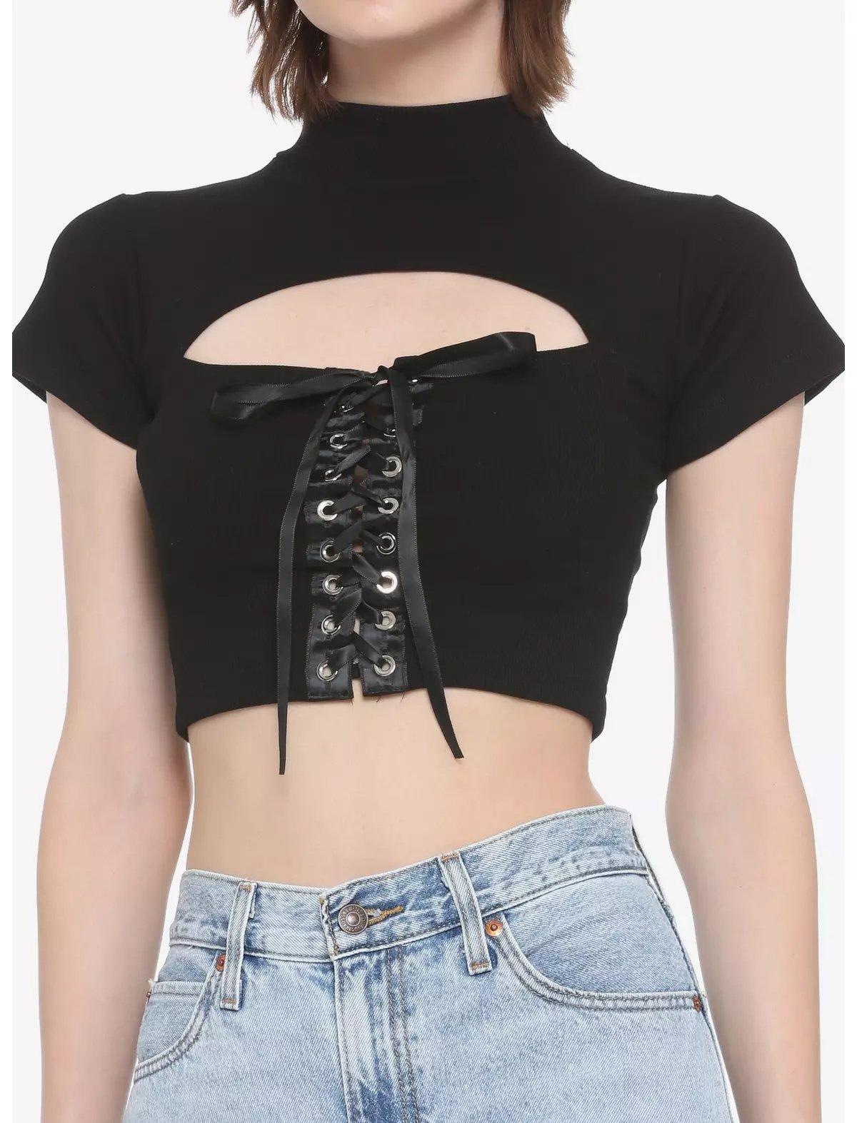 Black Lace-Up Cutout Mock Neck Girls Crop Top, , hi-res