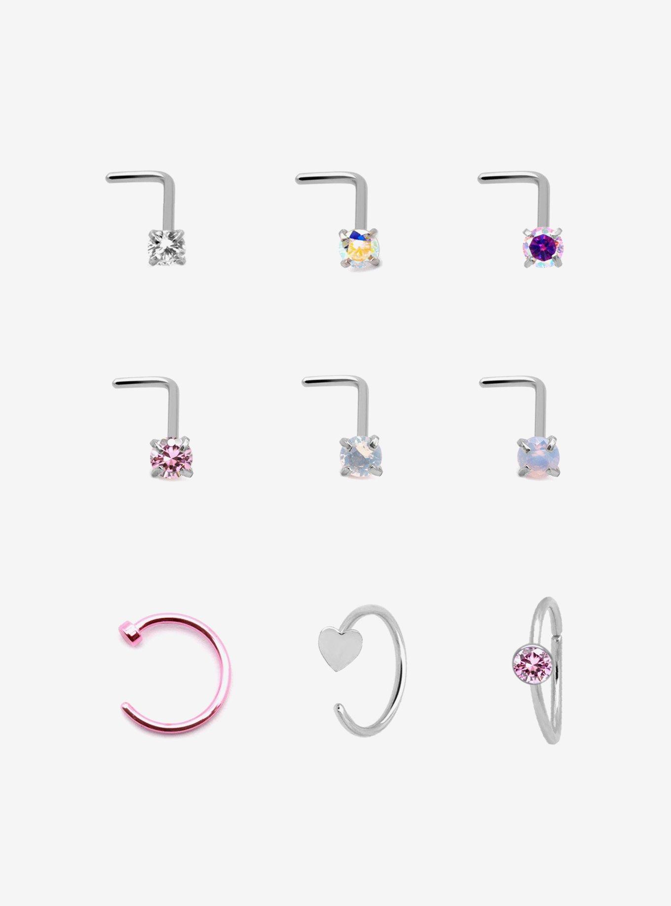 Steel Silver Gem & Heart Nose Stud & Hoop 9 Pack, , hi-res
