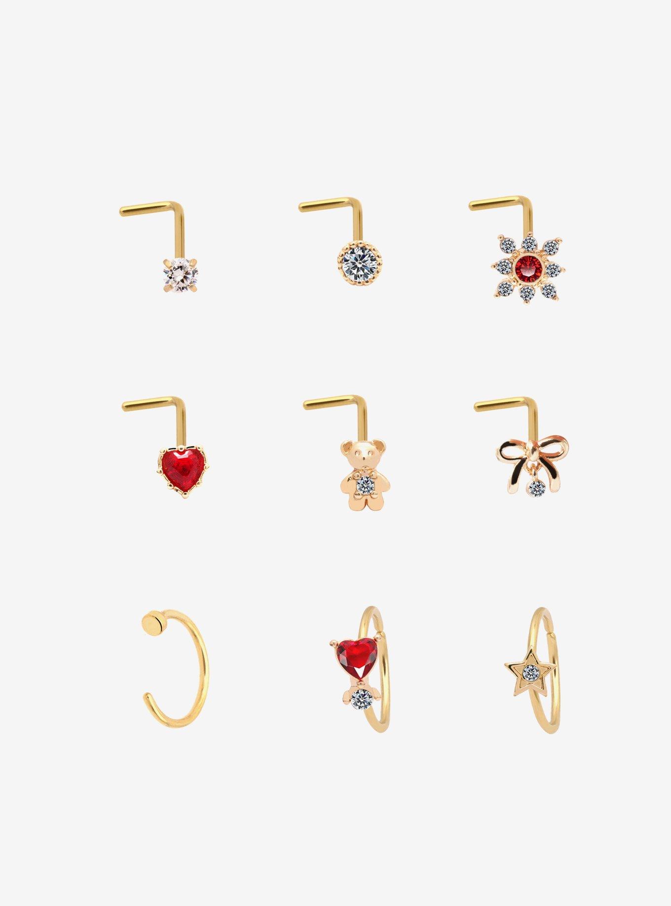 Steel Bear Bow Heart Nose Stud & Hoop 9 Pack, , hi-res