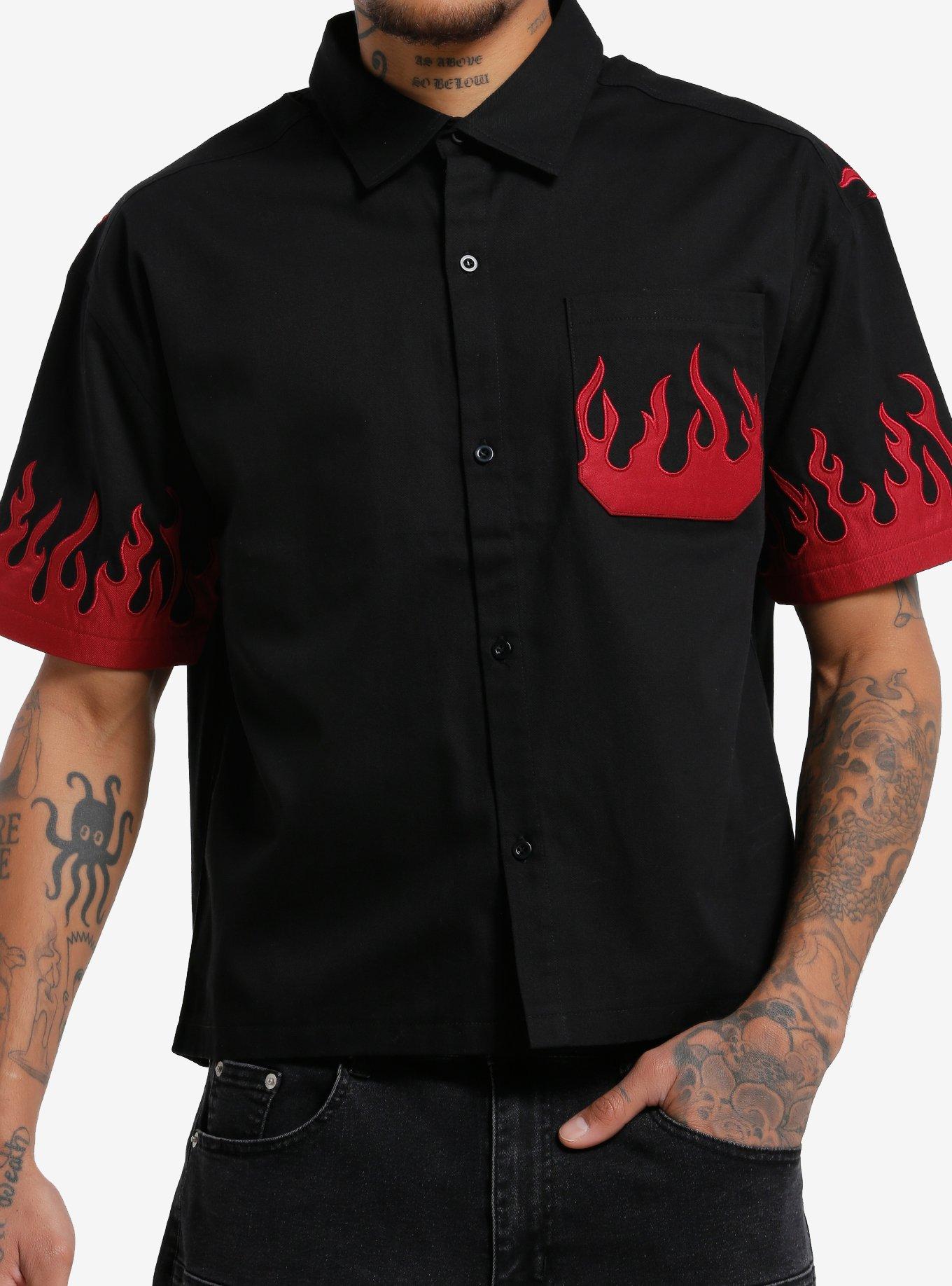 Black & Red Flames Embroidered Woven Button-Up, , hi-res