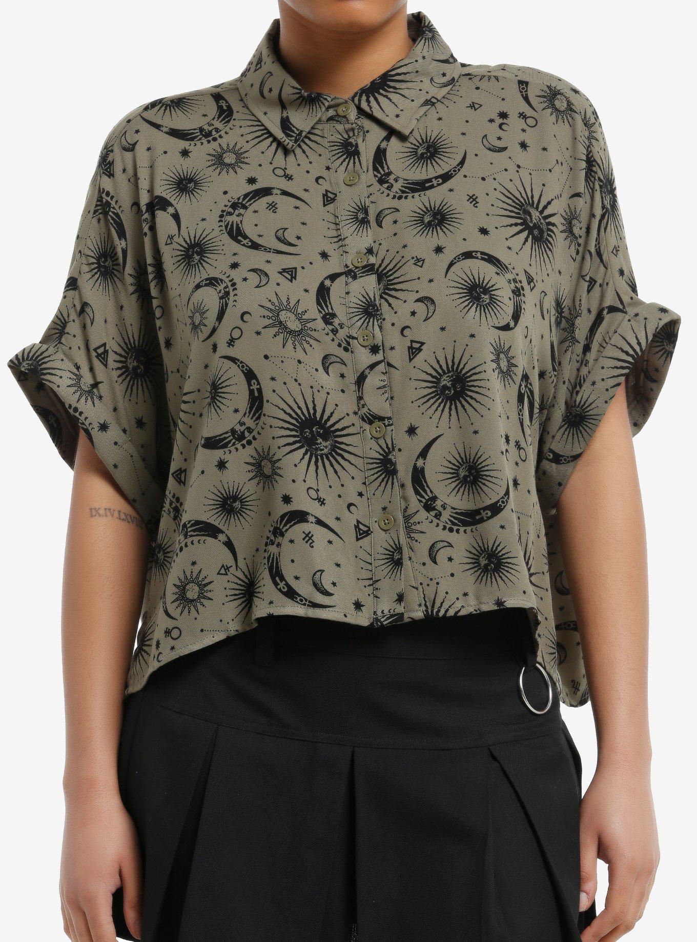 Cosmic Aura Olive Celestial Girls Boxy Woven Button-Up, , hi-res