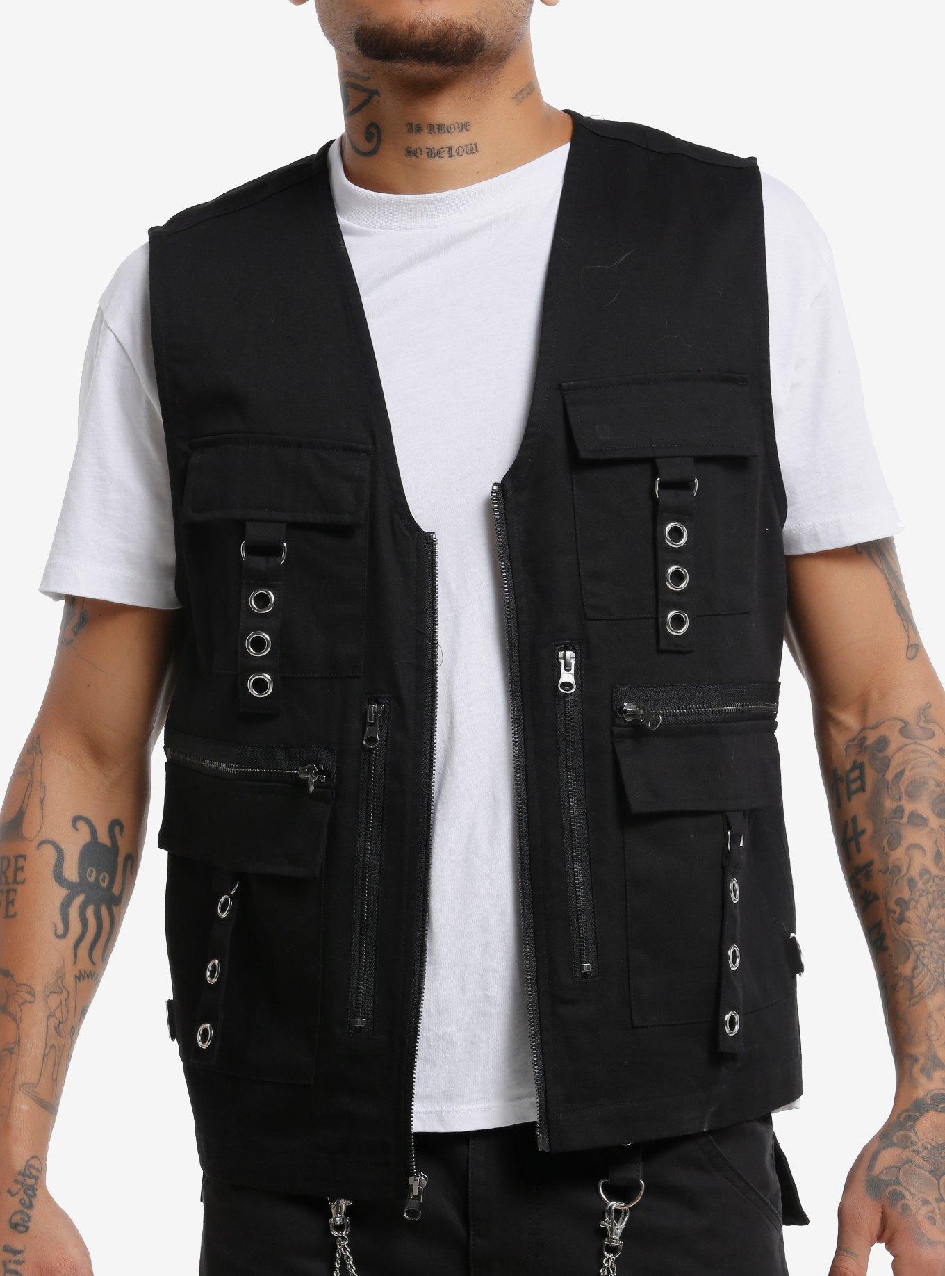 Black Grommet & Zipper Vest, , hi-res
